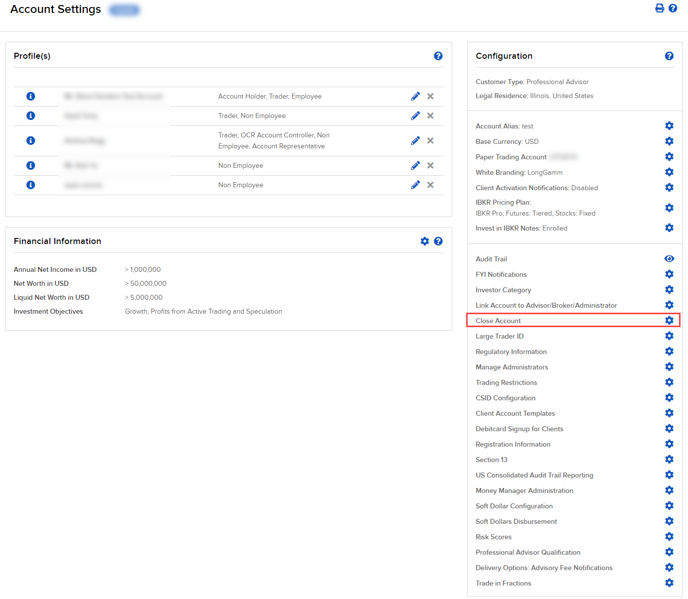 The close client account option in advisor portal. 